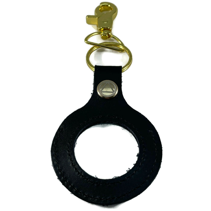Leather AA Medallion Keychain Holder - Sobriety Chip/Coin/Token Holder - Black/Gold