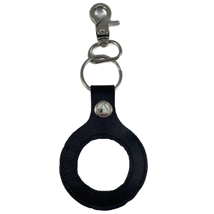 Leather AA Medallion Keychain Holder - Sobriety Chip/Coin/Token Holder - Black/Silver