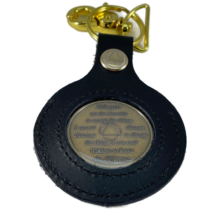 Leather AA Medallion Keychain Holder - Sobriety Chip/Coin/Token Holder - Black/Gold