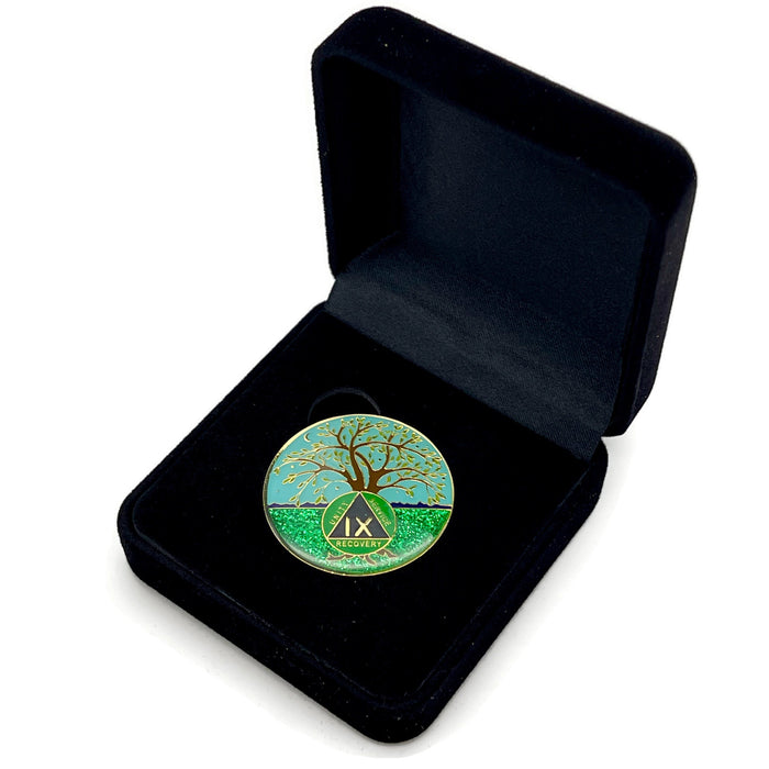 9 Year Tree of Life Specialty AA Recovery Medallion - Tri-Plated Nine Year Chip/Coin + Velvet Case