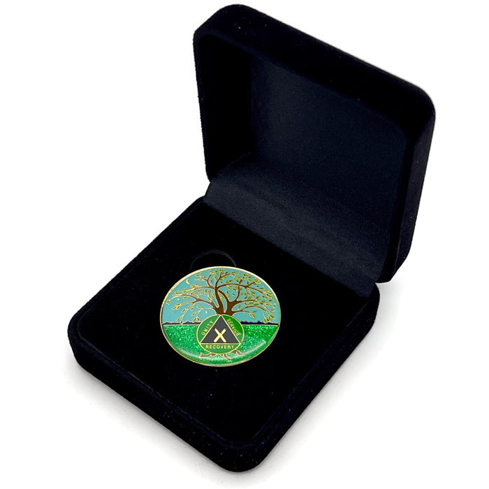 10 Year Tree of Life Specialty AA Recovery Medallion - Tri-Plated Ten Year Chip/Coin + Velvet Case