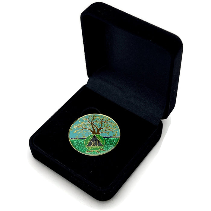 11 Year Tree of Life Specialty AA Recovery Medallion - Tri-Plated Eleven Year Chip/Coin + Velvet Case