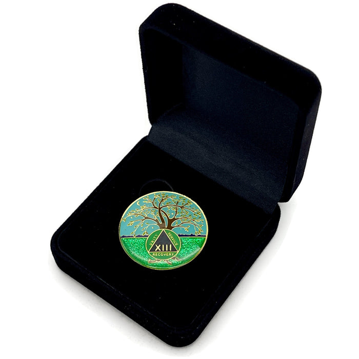 13 Year Tree of Life Specialty AA Recovery Medallion - Tri-Plated Thirteen Year Chip/Coin + Velvet Case