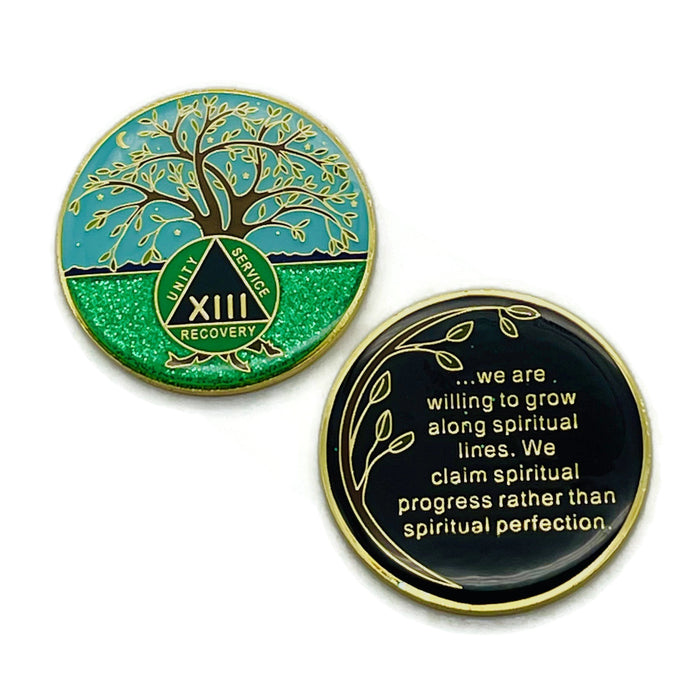 13 Year Tree of Life Specialty AA Recovery Medallion - Tri-Plated Thirteen Year Chip/Coin + Velvet Case