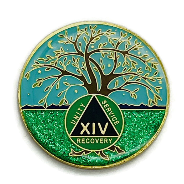 14 Year Tree of Life Specialty AA Recovery Medallion - Tri-Plated Fourteen Year Chip/Coin + Velvet Case