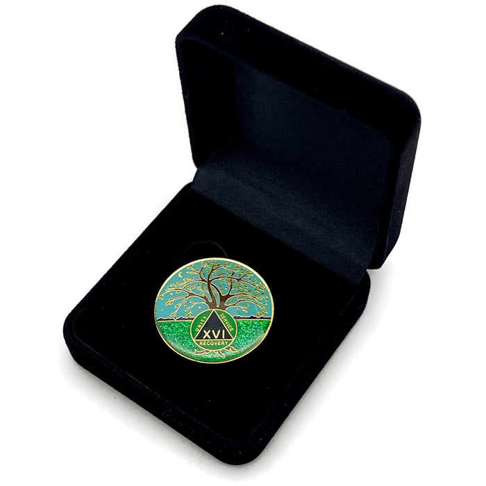 16 Year Tree of Life Specialty AA Recovery Medallion - Tri-Plated Sixteen Year Chip/Coin + Velvet Case