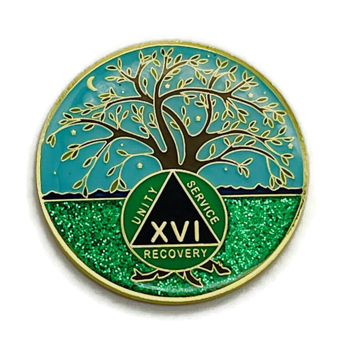 16 Year Tree of Life Specialty AA Recovery Medallion - Tri-Plated Sixteen Year Chip/Coin + Velvet Case