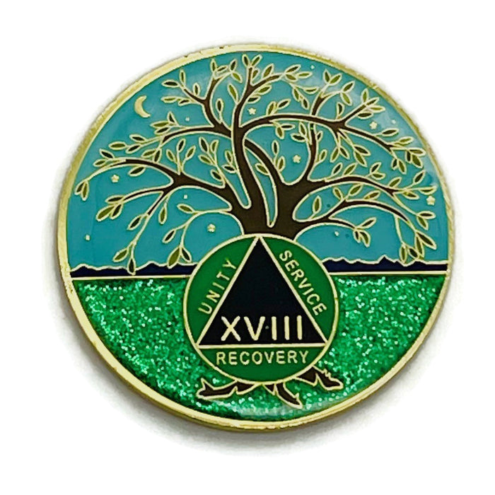 18 Year Tree of Life Specialty AA Recovery Medallion - Tri-Plated Eighteen Year Chip/Coin + Velvet Case