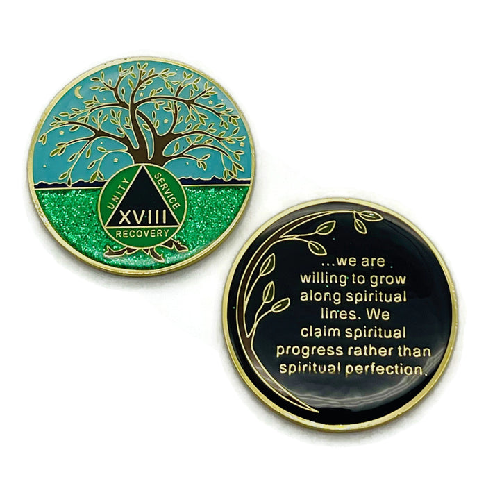 18 Year Tree of Life Specialty AA Recovery Medallion - Tri-Plated Eighteen Year Chip/Coin + Velvet Case
