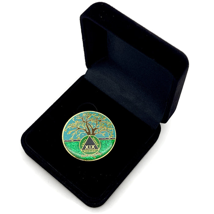 19 Year Tree of Life Specialty AA Recovery Medallion - Tri-Plated Nineteen Year Chip/Coin + Velvet Case