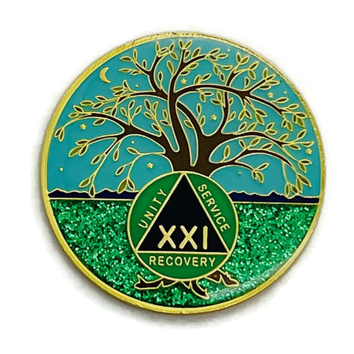 21 Year Tree of Life Specialty AA Recovery Medallion - Tri-Plated Twenty-One Year Chip/Coin + Velvet Case