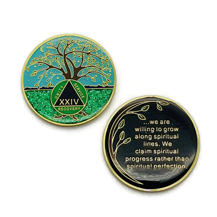 24 Year Tree of Life Specialty AA Recovery Medallion - Tri-Plated Twenty-Four Year Chip/Coin + Velvet Case