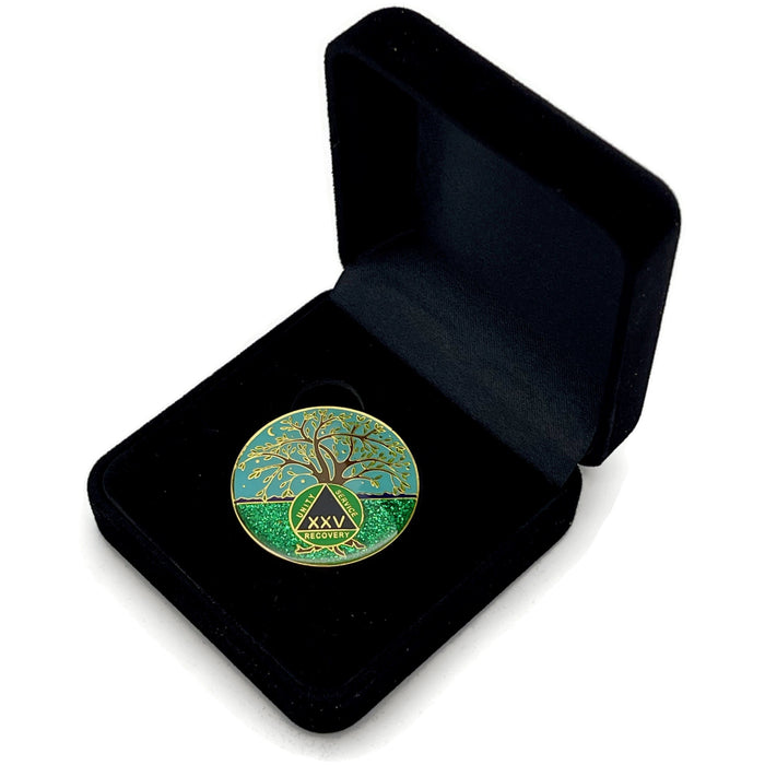 25 Year Tree of Life Specialty AA Recovery Medallion - Tri-Plated Twenty-Five Year Chip/Coin + Velvet Case