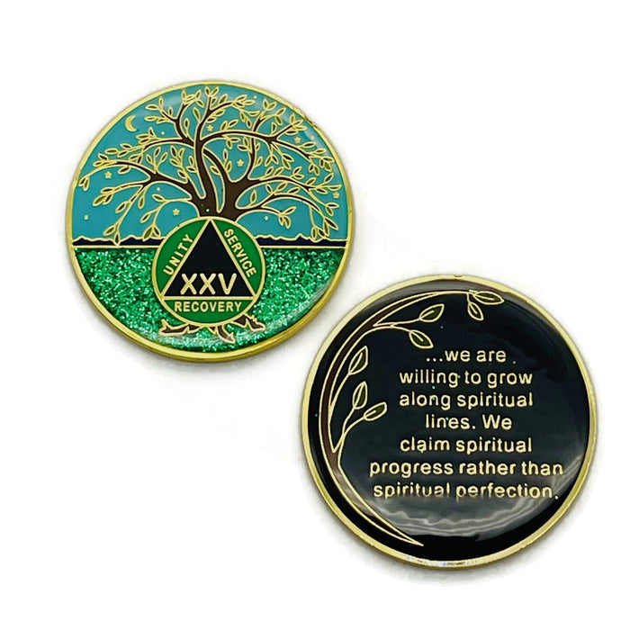 25 Year Tree of Life Specialty AA Recovery Medallion - Tri-Plated Twenty-Five Year Chip/Coin + Velvet Case