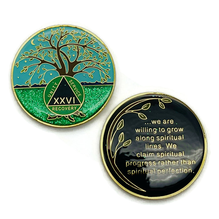26 Year Tree of Life Specialty AA Recovery Medallion - Tri-Plated Twenty-Six Year Chip/Coin + Velvet Case