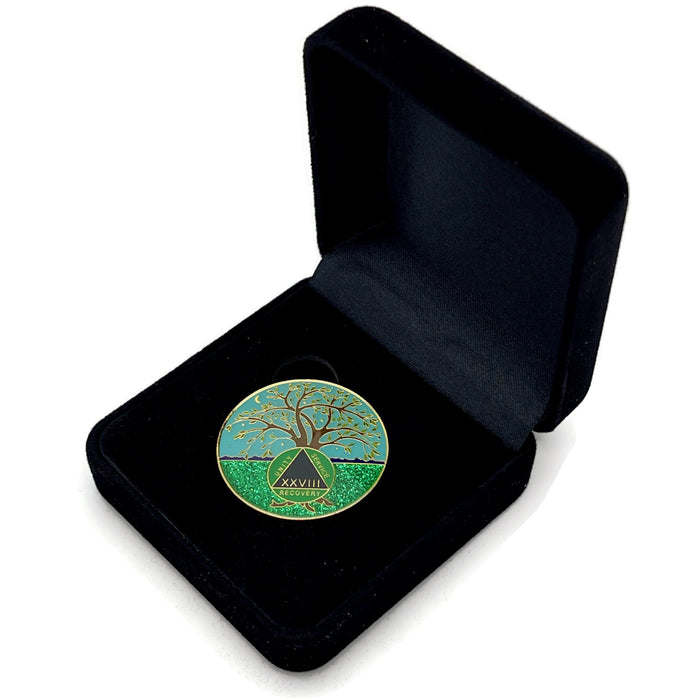 28 Year Tree of Life Specialty AA Recovery Medallion - Tri-Plated Twenty-Eight Year Chip/Coin + Velvet Case