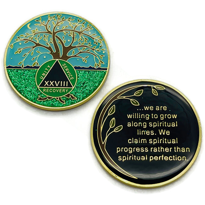 28 Year Tree of Life Specialty AA Recovery Medallion - Tri-Plated Twenty-Eight Year Chip/Coin + Velvet Case
