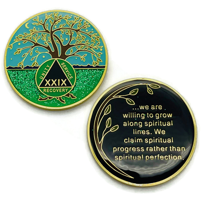 29 Year Tree of Life Specialty AA Recovery Medallion - Tri-Plated Twenty-Nine Year Chip/Coin + Velvet Case