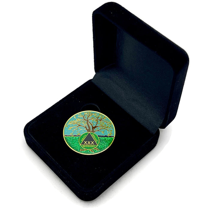 30 Year Tree of Life Specialty AA Recovery Medallion - Tri-Plated Thirty Year Chip/Coin + Velvet Case
