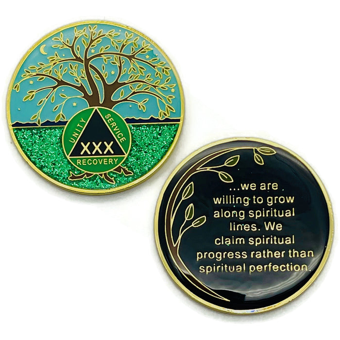 30 Year Tree of Life Specialty AA Recovery Medallion - Tri-Plated Thirty Year Chip/Coin + Velvet Case