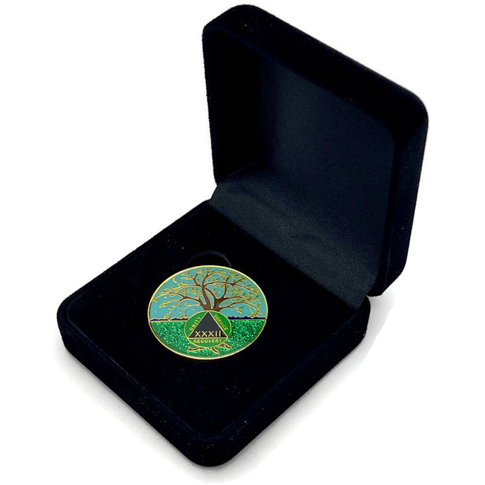 32 Year Tree of Life Specialty AA Recovery Medallion - Tri-Plated Thirty-Two Year Chip/Coin + Velvet Case