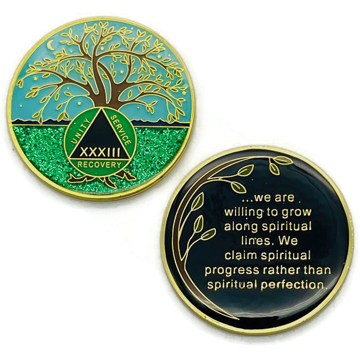 33 Year Tree of Life Specialty AA Recovery Medallion - Tri-Plated Thirty-Three Year Chip/Coin + Velvet Case