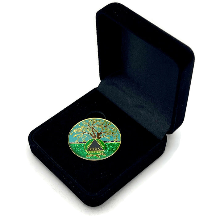 35 Year Tree of Life Specialty AA Recovery Medallion - Tri-Plated Thirty-Five Year Chip/Coin + Velvet Case