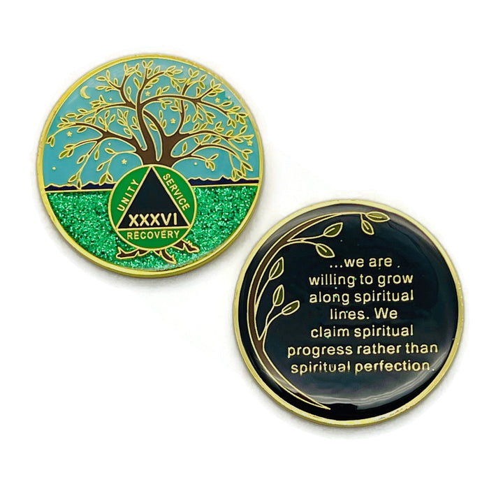 36 Year Tree of Life Specialty AA Recovery Medallion - Tri-Plated Thirty-Six Year Chip/Coin + Velvet Case