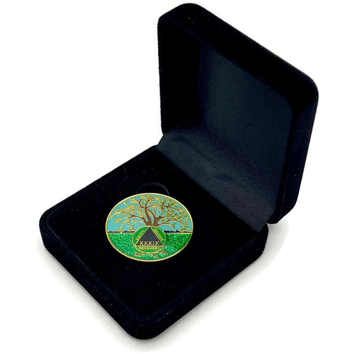 39 Year Tree of Life Specialty AA Recovery Medallion - Tri-Plated Thirty-Nine Year Chip/Coin + Velvet Case
