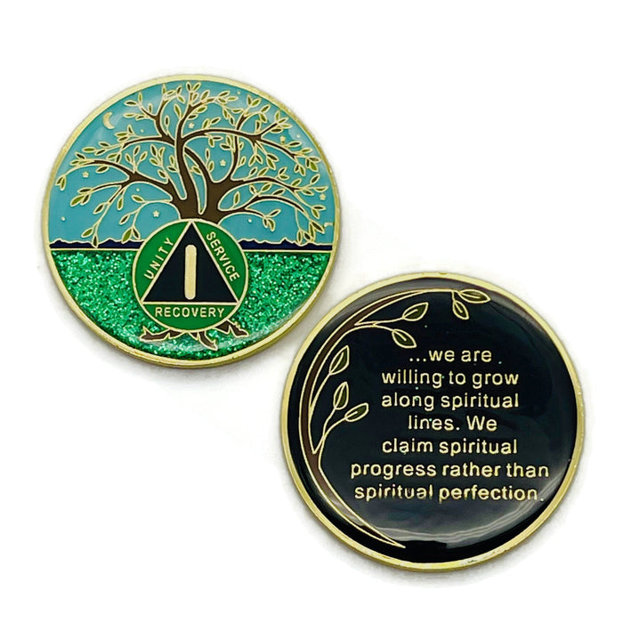 1 Year Tree of Life Specialty AA Recovery Medallion - Tri-Plated One Year Chip/Coin + Velvet Case