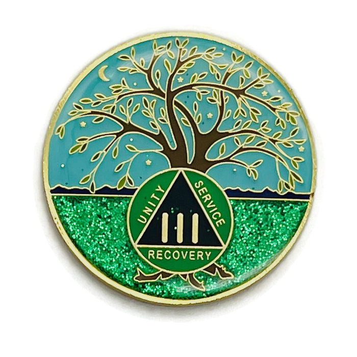 3 Year Tree of Life Specialty AA Recovery Medallion - Tri-Plated Three Year Chip/Coin + Velvet Case