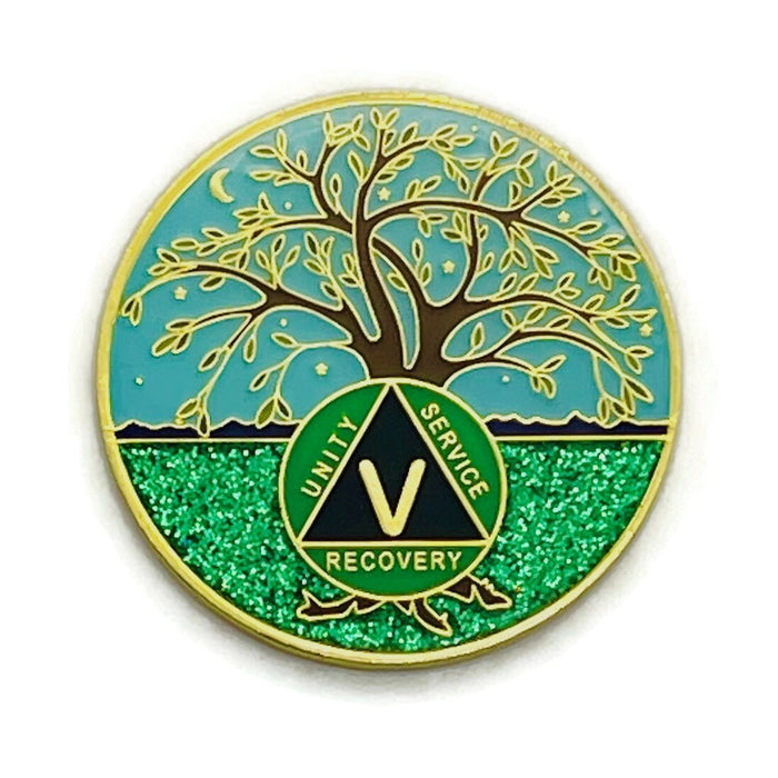 5 Year Tree of Life Specialty AA Recovery Medallion - Tri-Plated Five Year Chip/Coin + Velvet Case