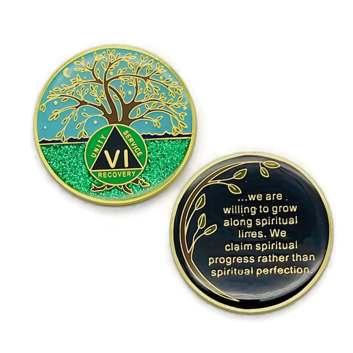 6 Year Tree of Life Specialty AA Recovery Medallion - Tri-Plated Six Year Chip/Coin + Velvet Case