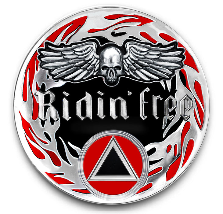 Ridin' Free, Ridin' Sober AA Circle/Triangle Recovery Medallion - Black/Red/Silver