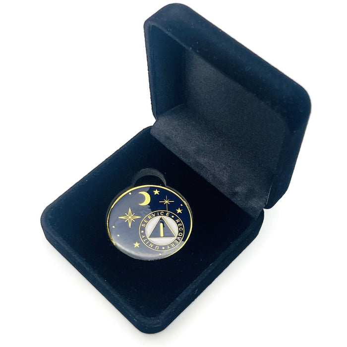 1 Year Rocketed to 4th Dimension Specialty AA Recovery Medallion - Tri-Plated One Year Chip/Coin - Blue + Velvet Case