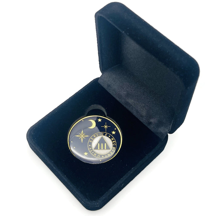 3 Year Rocketed to 4th Dimension Specialty AA Recovery Medallion - Tri-Plated Three Year Chip/Coin - Blue + Velvet Case
