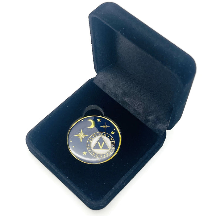 5 Year Rocketed to 4th Dimension Specialty AA Recovery Medallion - Tri-Plated Five Year Chip/Coin - Blue + Velvet Case