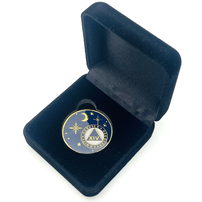 14 Year Rocketed to 4th Dimension Specialty AA Recovery Medallion - Tri-Plated Fourteen Year Chip/Coin - Blue + Velvet Case