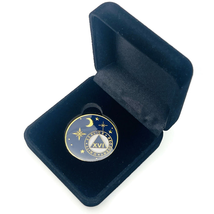 16 Year Rocketed to 4th Dimension Specialty AA Recovery Medallion - Tri-Plated Sixteen Year Chip/Coin - Blue + Velvet Case