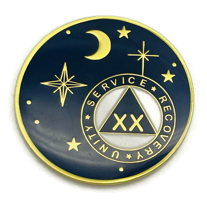20 Year Rocketed to 4th Dimension Specialty AA Recovery Medallion - Tri-Plated Twenty Year Chip/Coin - Blue + Velvet Case