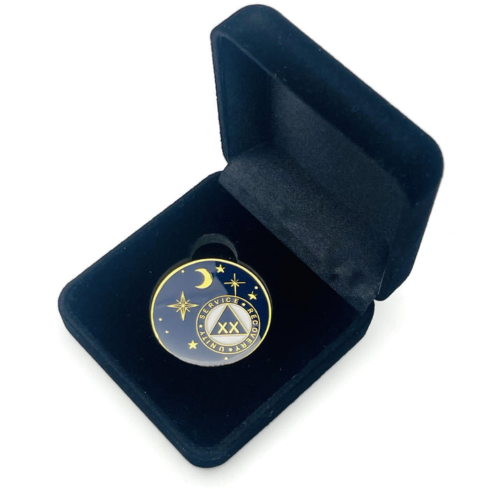 20 Year Rocketed to 4th Dimension Specialty AA Recovery Medallion - Tri-Plated Twenty Year Chip/Coin - Blue + Velvet Case