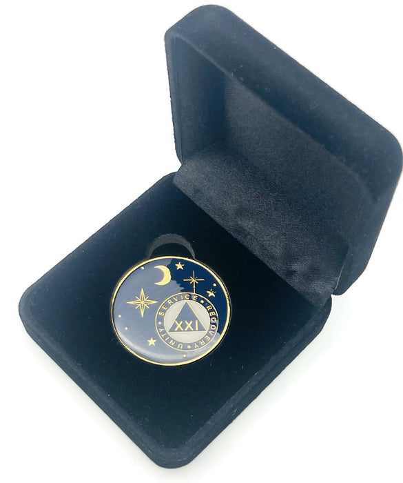21 Year Rocketed to 4th Dimension Specialty AA Recovery Medallion - Tri-Plated Twenty-One Year Chip/Coin - Blue + Velvet Case