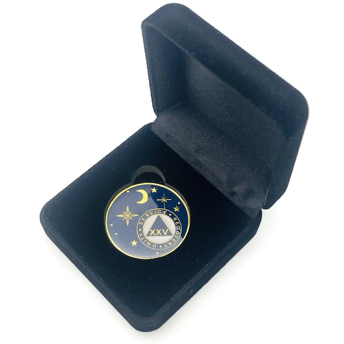 25 Year Rocketed to 4th Dimension Specialty AA Recovery Medallion - Tri-Plated Twenty-Five Year Chip/Coin - Blue + Velvet Case