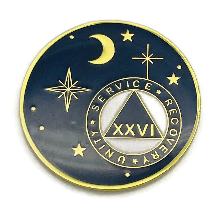 26 Year Rocketed to 4th Dimension Specialty AA Recovery Medallion - Tri-Plated Twenty-Six Year Chip/Coin - Blue + Velvet Case