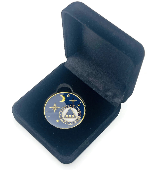 30 Year Rocketed to 4th Dimension Specialty AA Recovery Medallion - Tri-Plated Thirty Year Chip/Coin - Blue + Velvet Case