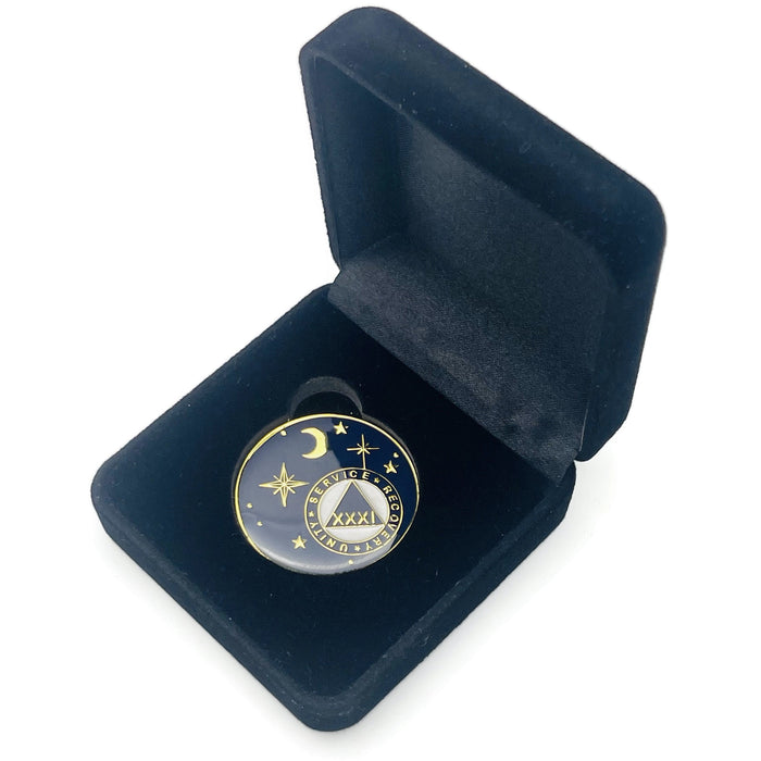 31 Year Rocketed to 4th Dimension Specialty AA Recovery Medallion - Tri-Plated Thirty-One Year Chip/Coin - Blue + Velvet Case