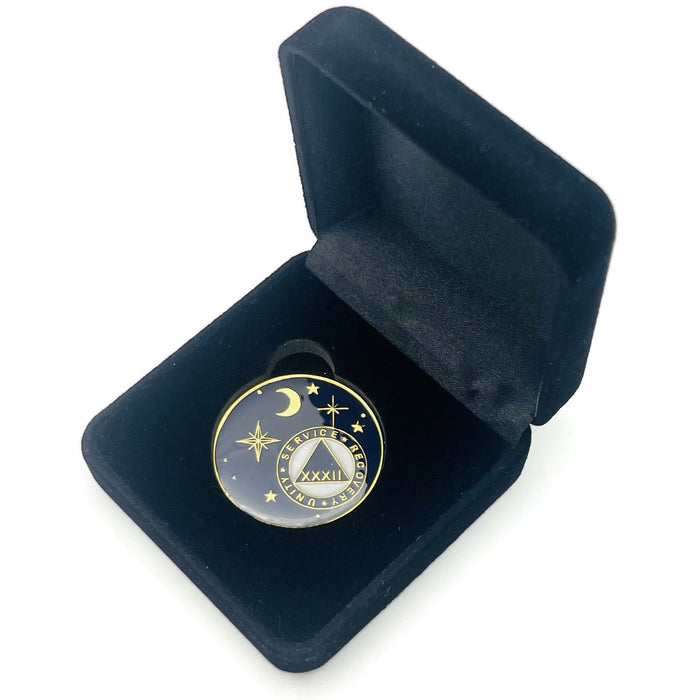 32 Year Rocketed to 4th Dimension Specialty AA Recovery Medallion - Tri-Plated Thirty-Two Year Chip/Coin - Blue + Velvet Case