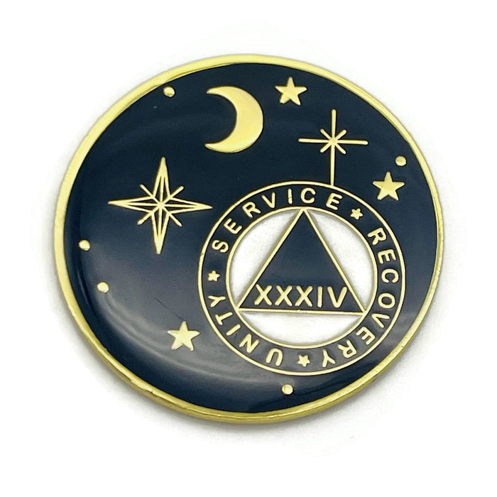 34 Year Rocketed to 4th Dimension Specialty AA Recovery Medallion - Tri-Plated Thirty-Four Year Chip/Coin - Blue + Velvet Case