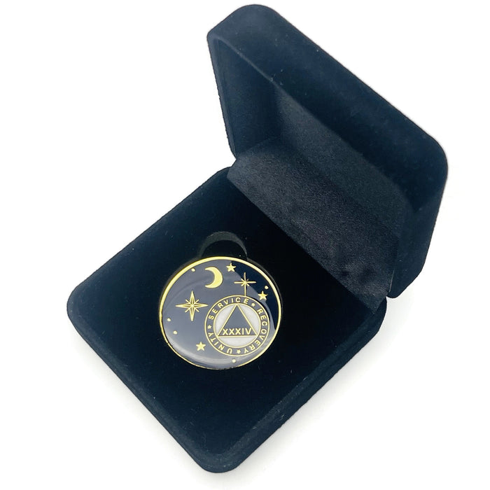 34 Year Rocketed to 4th Dimension Specialty AA Recovery Medallion - Tri-Plated Thirty-Four Year Chip/Coin - Blue + Velvet Case