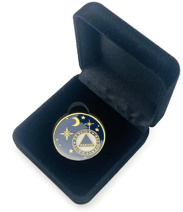 38 Year Rocketed to 4th Dimension Specialty AA Recovery Medallion - Tri-Plated Thirty-Eight Year Chip/Coin - Blue + Velvet Case
